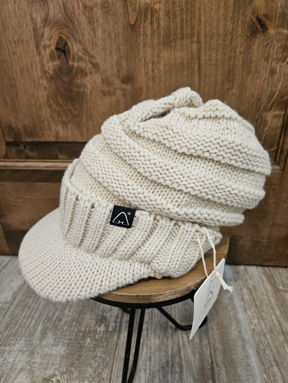 Cream Knit Visor Beanie Hat
